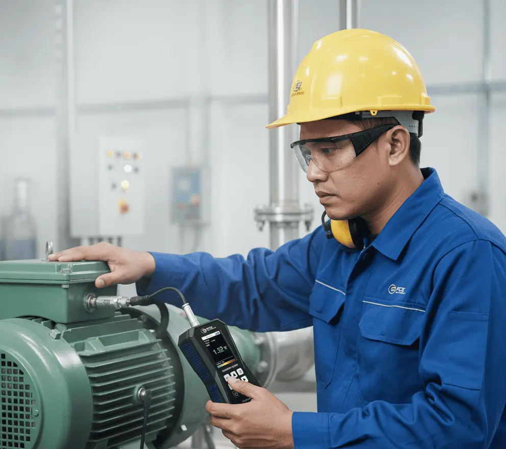 Teknisi industri sedang menggunakan vibration meter PCE-VT 3800 untuk mengukur getaran pada pompa di pabrik pengolahan air, menampilkan tampilan device dengan grafik getaran dan sensor terpasang magnetik pada housing pompa.