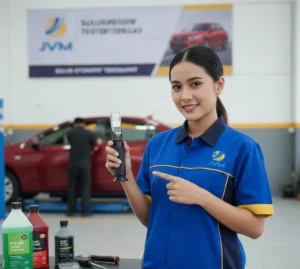 Teknisi Indonesia menggunakan refractometer genggam PCE-SG untuk mengukur konsentrasi coolant radiator dengan meneteskan sampel ke prisma dan membaca skala melalui eyepiece di area bengkel.