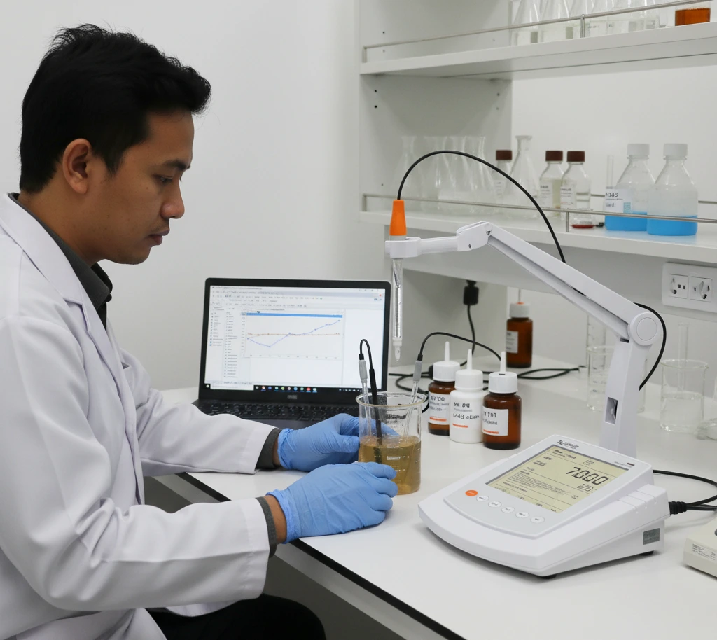 Analis QA Indonesia mengukur pH, konduktivitas, dan DO sampel efluen menggunakan Bante900-UK benchtop multiparameter dengan lengan elektroda, beaker sampel di meja, dan laptop untuk ekspor Excel.