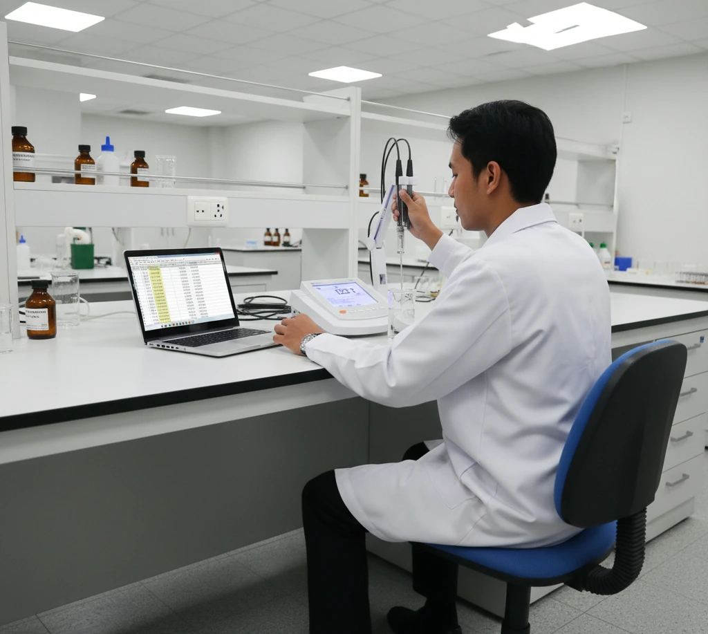 Analis QA/QC Indonesia mengukur konduktivitas air olahan menggunakan Bante902-CN benchtop meter dengan elektroda pada gelas beker, layar backlit menampilkan µS/cm, dudukan elektroda dan laptop untuk ekspor Excel terlihat.