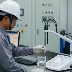 Operator Indonesia mengukur pH dan DO air proses menggunakan Bante903-CN benchtop meter di ruang kontrol WWTP dengan elektroda pH dan DO pada holder serta layar backlit terbaca jelas.