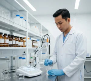 Teknisi Indonesia mengoperasikan Bante903-UK benchtop pH/DO meter di laboratorium pengolahan air, elektroda pH dan DO tercelup dalam beaker, layar LCD besar menampilkan pH dan mg/L DO.