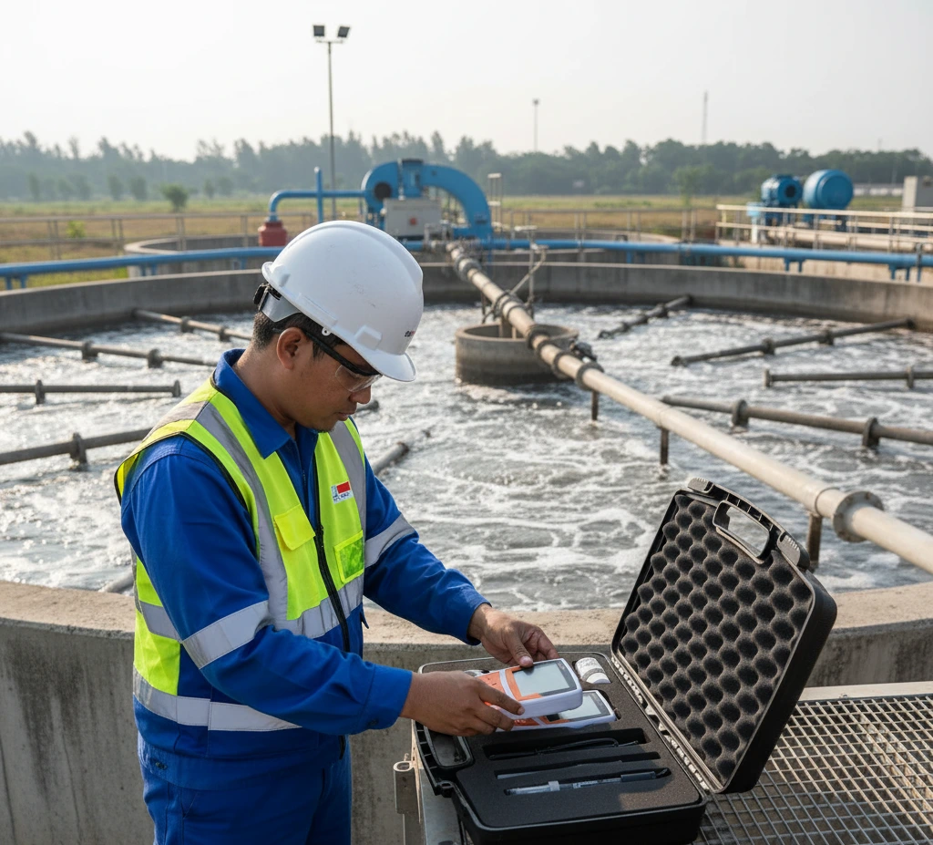 Teknisi QA memeriksa DO dan pH di kolam aerasi menggunakan Bante903P-CN dengan elektroda terendam dan layar 3,5 inci menyala.