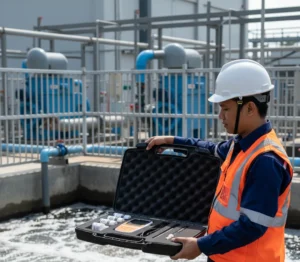 Teknisi Indonesia mengukur pH dan oksigen terlarut di bak aerasi WWTP menggunakan Bante903P-UK dengan layar 3,5 inci; elektroda pH dan DO terendam, kabel rapi, kondisi siang hari.