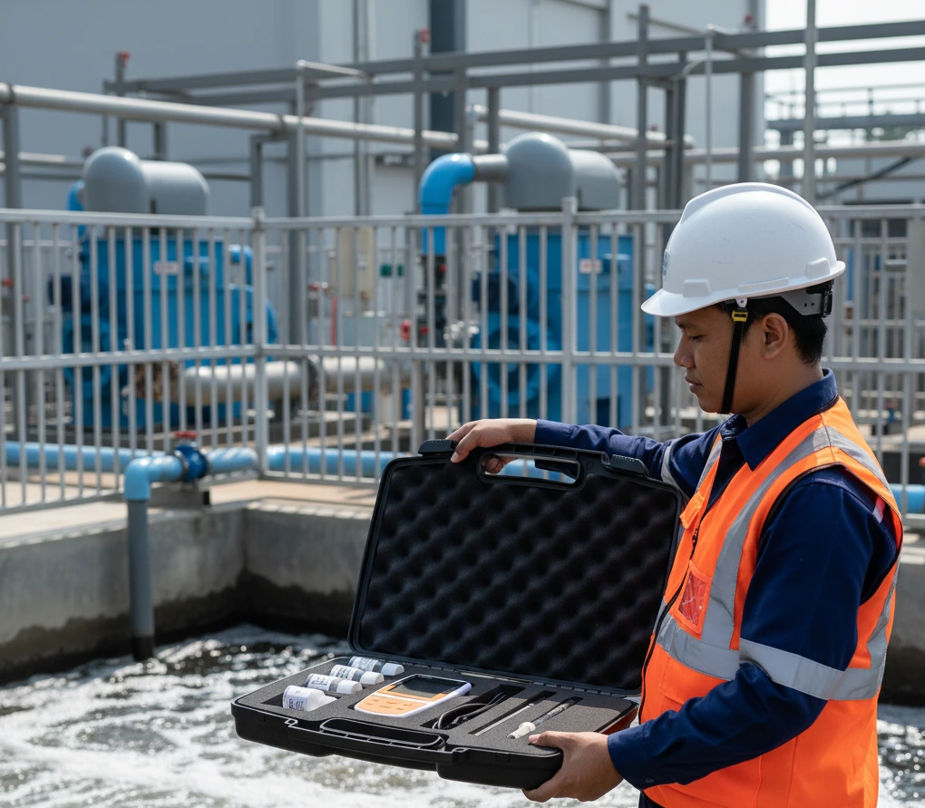 Teknisi Indonesia mengukur pH dan oksigen terlarut di bak aerasi WWTP menggunakan Bante903P-UK dengan layar 3,5 inci; elektroda pH dan DO terendam, kabel rapi, kondisi siang hari.