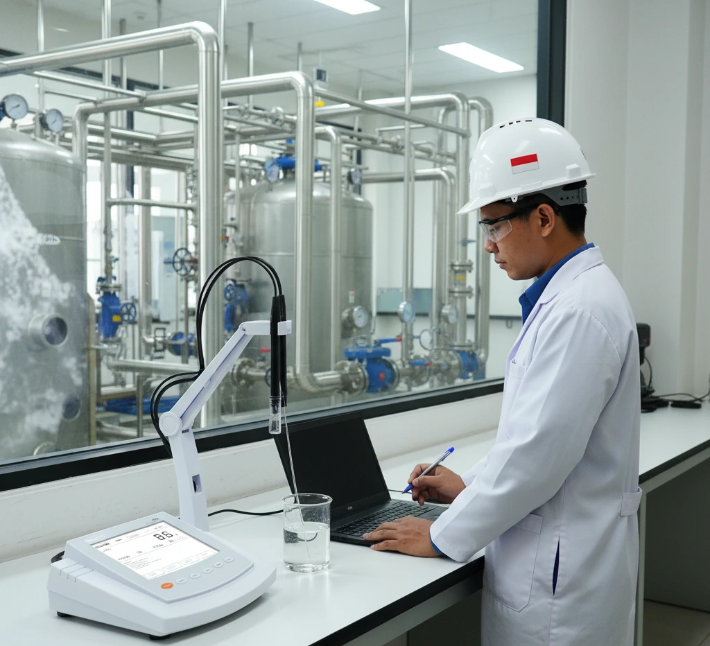 Teknisi WTP Indonesia mengukur konduktivitas dan DO menggunakan Bante904-CN benchtop meter di meja kontrol, elektroda terendam dalam sampel air, layar LCD backlit menampilkan pembacaan stabil.