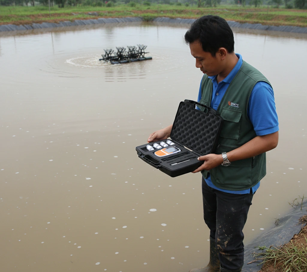 Teknisi akuakultur Indonesia mengukur oksigen terlarut dan konduktivitas di kolam pascahujan menggunakan Bante904P-CN portabel; satu probe DO tercelup, layar alat menyala, aerator kolam terlihat di latar.
