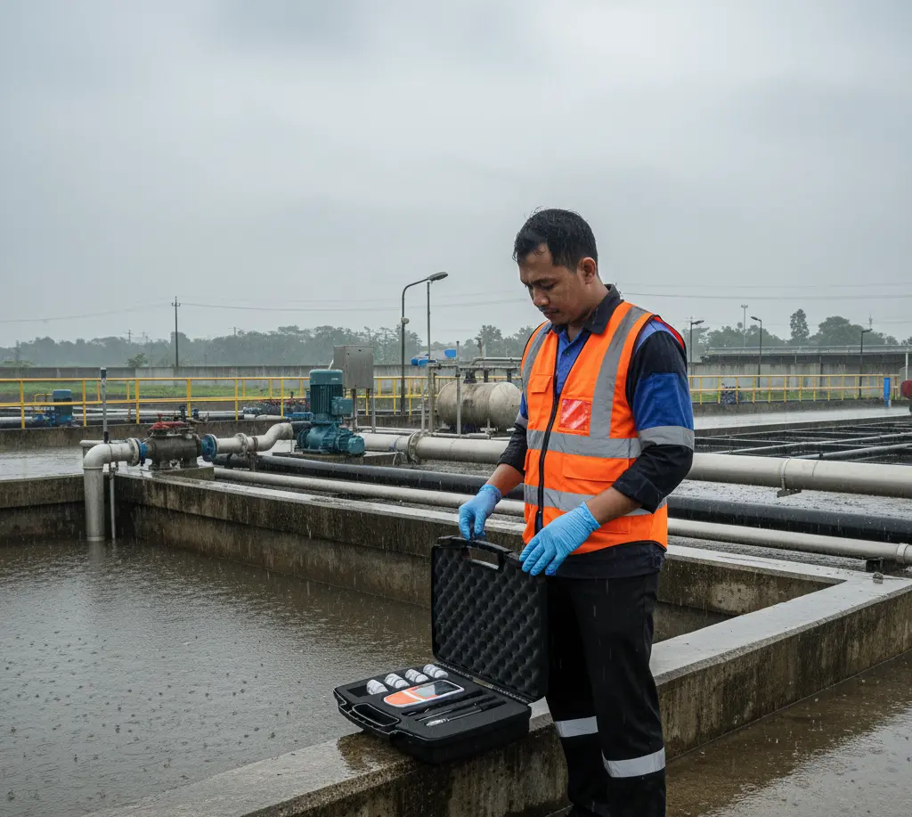 Operator WTP Indonesia mengukur konduktivitas dan oksigen terlarut menggunakan Bante904P-UK di tepi bak air baku setelah hujan, layar backlit menunjukkan pembacaan stabil.