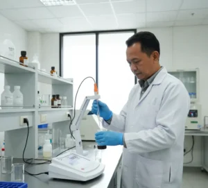 Teknisi Indonesia mengukur pH air dengan Bante920-UK di laboratorium pengolahan air; elektroda P11 tercelup dalam beaker, layar LCD menunjukkan pembacaan stabil.