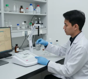 Analis laboratorium Indonesia menggunakan Bante931-Ag Benchtop Ion Meter untuk uji ion perak