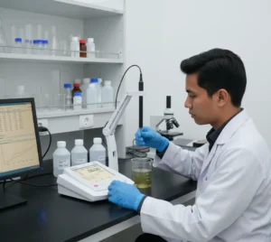 Penggunaan Bante931-Ca Benchtop Calcium Ion Meter oleh teknisi laboratorium Indonesia untuk mengukur kadar kalsium pada air tambak udang.