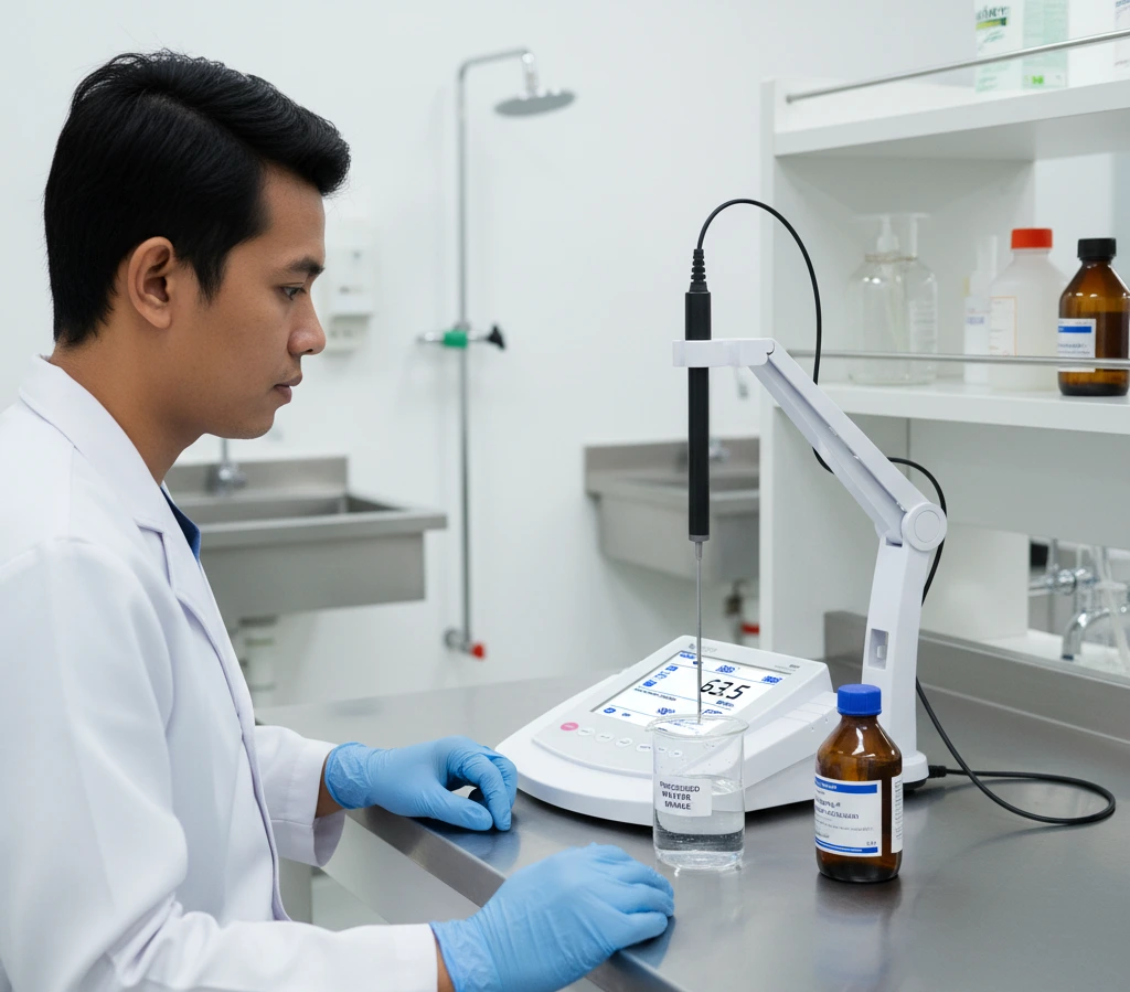 Analis QA Indonesia sedang memakai Bante931 benchtop ion meter dengan elektroda ISE cupric untuk menguji kadar ion tembaga (Cu²⁺) pada sampel air proses di laboratorium pabrik minuman.