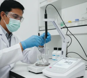 Analis Indonesia mengukur fluorida air dengan Bante931-F di laboratorium; layar menampilkan pembacaan ion stabil, elektroda ISE-F terendam dalam beaker.