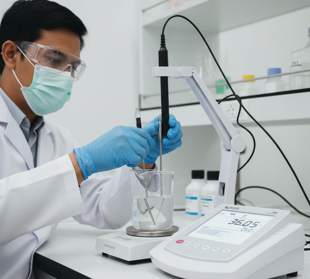Analis Indonesia mengukur fluorida air dengan Bante931-F di laboratorium; layar menampilkan pembacaan ion stabil, elektroda ISE-F terendam dalam beaker.