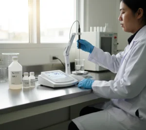 Analis QA Indonesia mengukur iodida pada larutan brine menggunakan Bante931-I benchtop ion meter dengan elektroda ISE-I; layar menampilkan ppm, beaker diaduk lembut, botol ISA dan standar tampak di meja.