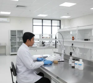 Analis lab Indonesia mengukur kadar kalium (K⁺) menggunakan Bante931-K benchtop ion meter dengan elektroda selektif kalium dalam beaker sampel air pascahujan, layar LCD menampilkan pembacaan ppm.