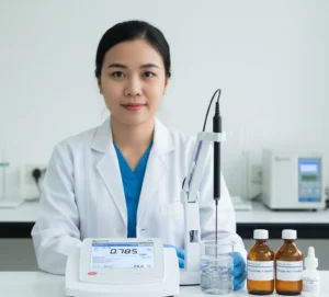 Analis laboratorium Indonesia mengukur amonia dengan Bante931-NH3 menggunakan elektroda ion selektif di beker sampel, layar menampilkan konsentrasi dengan ikon ATC dan Auto-Hold.