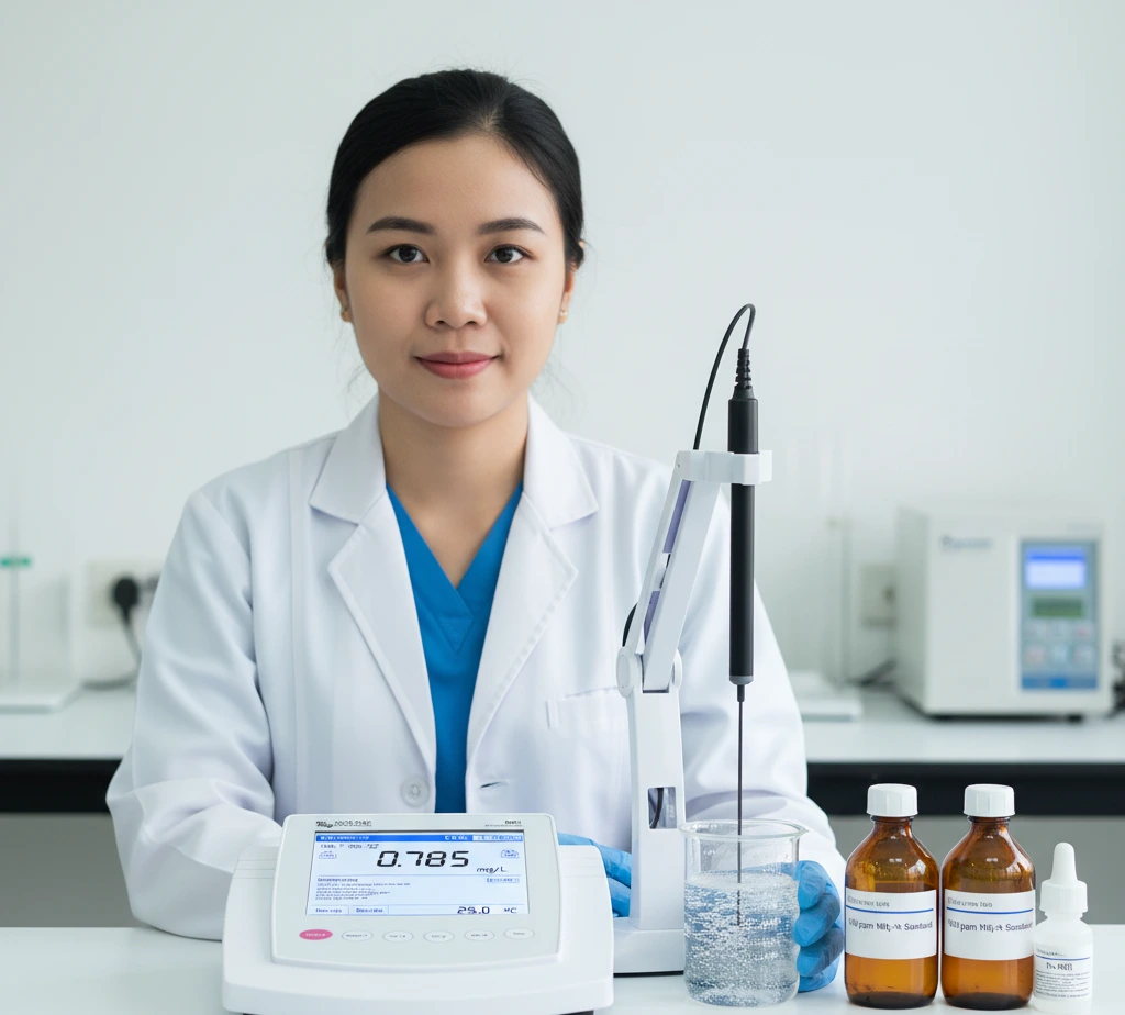 Analis laboratorium Indonesia mengukur amonia dengan Bante931-NH3 menggunakan elektroda ion selektif di beker sampel, layar menampilkan konsentrasi dengan ikon ATC dan Auto-Hold.