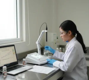 Analis laboratorium Indonesia mengukur natrium (Na⁺) pada sampel air menggunakan Bante931-Na Benchtop Sodium Ion Meter, elektroda ISE-Na terendam, layar LCD menampilkan hasil stabil, terhubung ke laptop dengan grafik data.