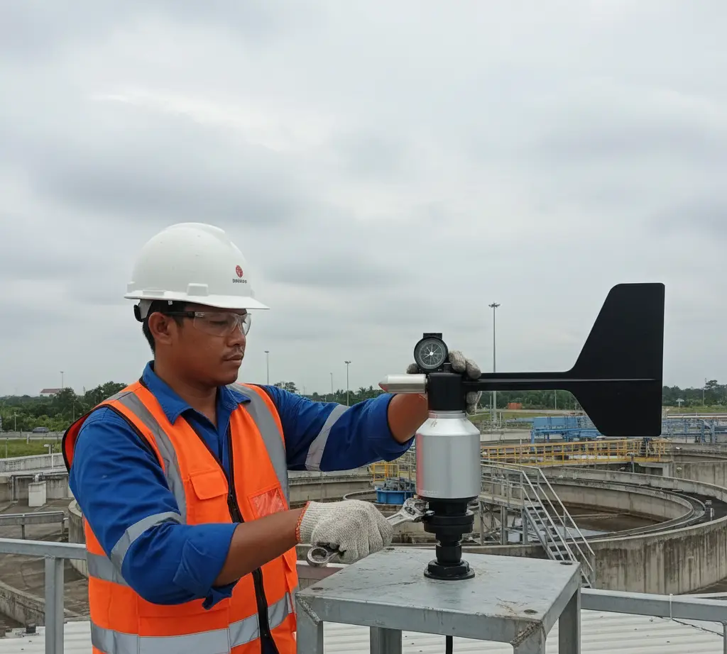 Teknisi memasang Air Flow Meter CWR 1 (wind vane 4–20 mA) di atap instalasi pengolahan air, memperlihatkan orientasi utara dan kabel menuju panel kontrol, cocok untuk integrasi PLC/SCADA.