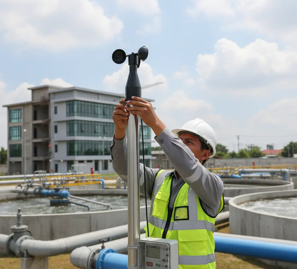 Operator Indonesia memasang Air Flow Meter KWG1 (cup anemometer) di atas tiang pada area IPAL untuk pemantauan kecepatan angin yang terhubung ke data logger.