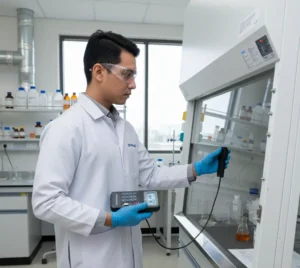 teknisi K3 Indonesia mengukur kecepatan angin pada fume hood menggunakan PCE-007-ICA dengan impeller terhubung kabel 1.5 m dan layar ganda LCD menyala.