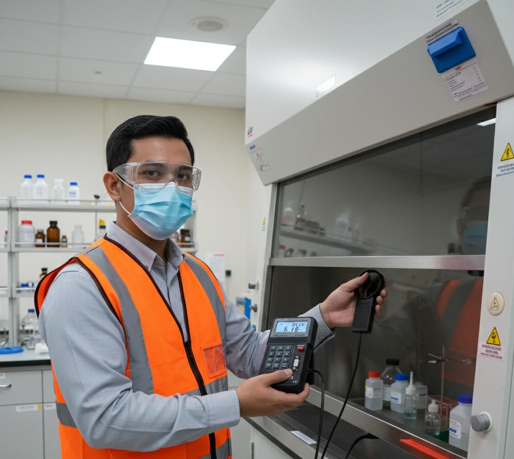 Teknisi Indonesia mengukur face velocity fume hood menggunakan PCE-007 air flow meter portabel dengan impeller eksternal, layar LCD menampilkan m/s di laboratorium.