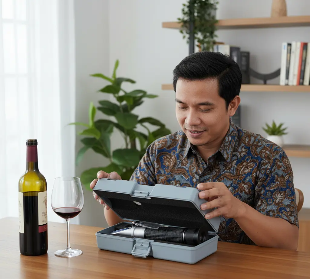 Teknisi QA di pabrik minuman mengukur °Brix jus apel menggunakan refraktometer PCE-018 portabel dengan pipet di area penerimaan bahan baku.