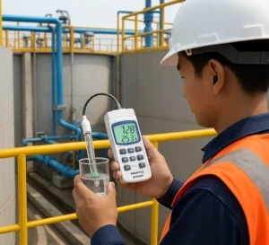 teknisi Indonesia mengukur pH efluen WWTP menggunakan PCE-228-ICA dengan elektrode pH tercelup dan layar LCD menampilkan pembacaan.