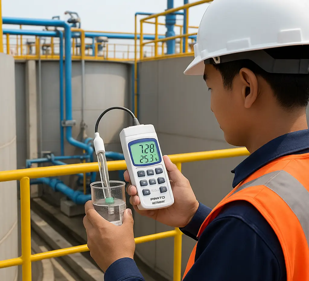 teknisi Indonesia mengukur pH efluen WWTP menggunakan PCE-228-ICA dengan elektrode pH tercelup dan layar LCD menampilkan pembacaan.