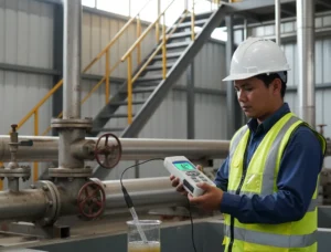 operator WWTP mengukur pH dan suhu sampel air limbah menggunakan PCE-228HTE-ICA dengan elektroda pH dan sensor suhu tersambung, data direkam ke SD card.