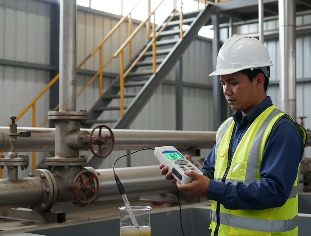 operator WWTP mengukur pH dan suhu sampel air limbah menggunakan PCE-228HTE-ICA dengan elektroda pH dan sensor suhu tersambung, data direkam ke SD card.