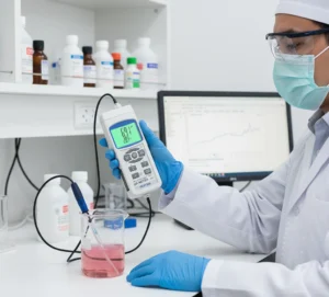 Teknisi QA Indonesia menggunakan PCE-228LIQ untuk mengukur pH dan suhu sampel minuman di laboratorium kualitas, menampilkan layar besar dan probe pH terhubung.