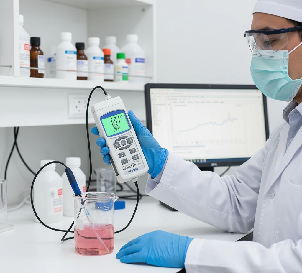 Teknisi QA Indonesia menggunakan PCE-228LIQ untuk mengukur pH dan suhu sampel minuman di laboratorium kualitas, menampilkan layar besar dan probe pH terhubung.