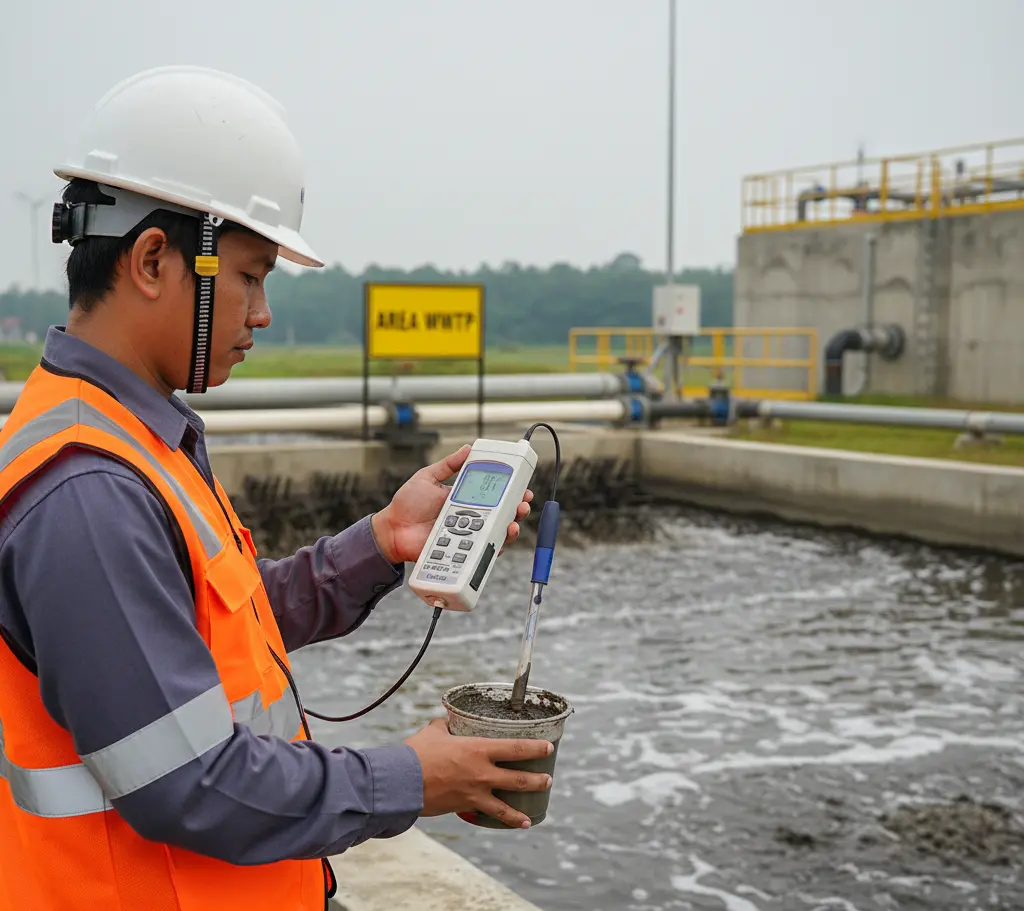 Teknisi Indonesia mengukur pH lumpur di WWTP menggunakan PCE-228SLUR-ICA dengan elektroda PCE-PH-SLUR.