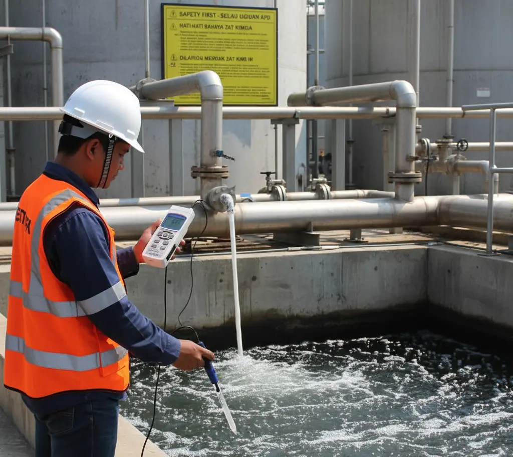 Teknisi QA/QC Indonesia mengukur pH di bak aerasi menggunakan PCE-228SLUR dengan elektroda PCE-PH-SLUR, layar menampilkan pH dan suhu, lingkungan IPAL industri.