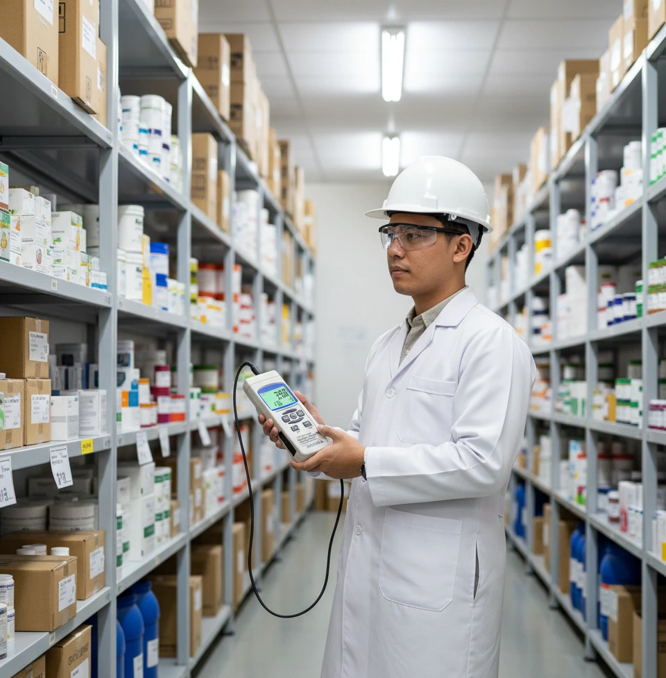 Teknisi QA Indonesia memeriksa kondisi gudang farmasi menggunakan Air Humidity Meter PCE-313 S portabel dengan sensor eksternal dan layar LCD menyala untuk memantau suhu dan kelembapan.