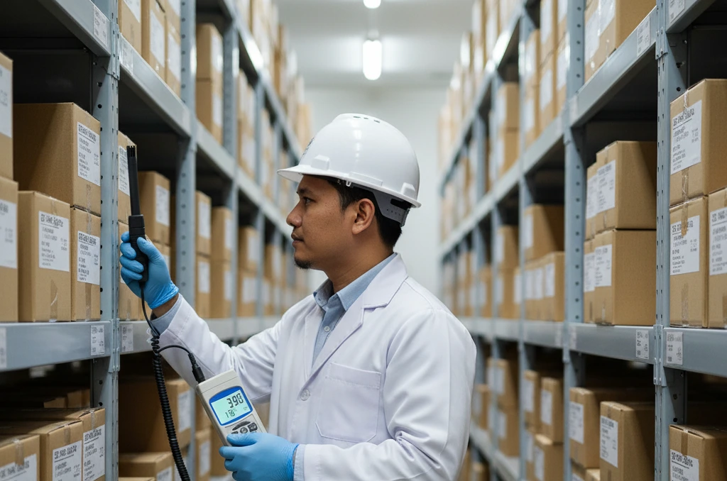 Teknisi QA Indonesia mengukur kelembapan gudang farmasi menggunakan Air Humidity Meter PCE-313A-ICA dengan probe eksternal di antara rak penyimpanan.