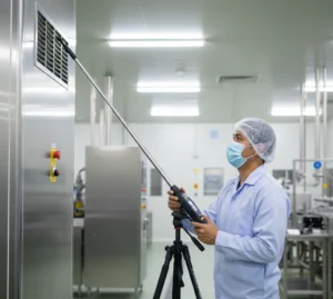 Teknisi QA menggunakan PCE-423N anemometer hot wire untuk mengukur kecepatan udara pada kisi AHU ruang pengisian minuman, dengan probe teleskopik dan tripod.