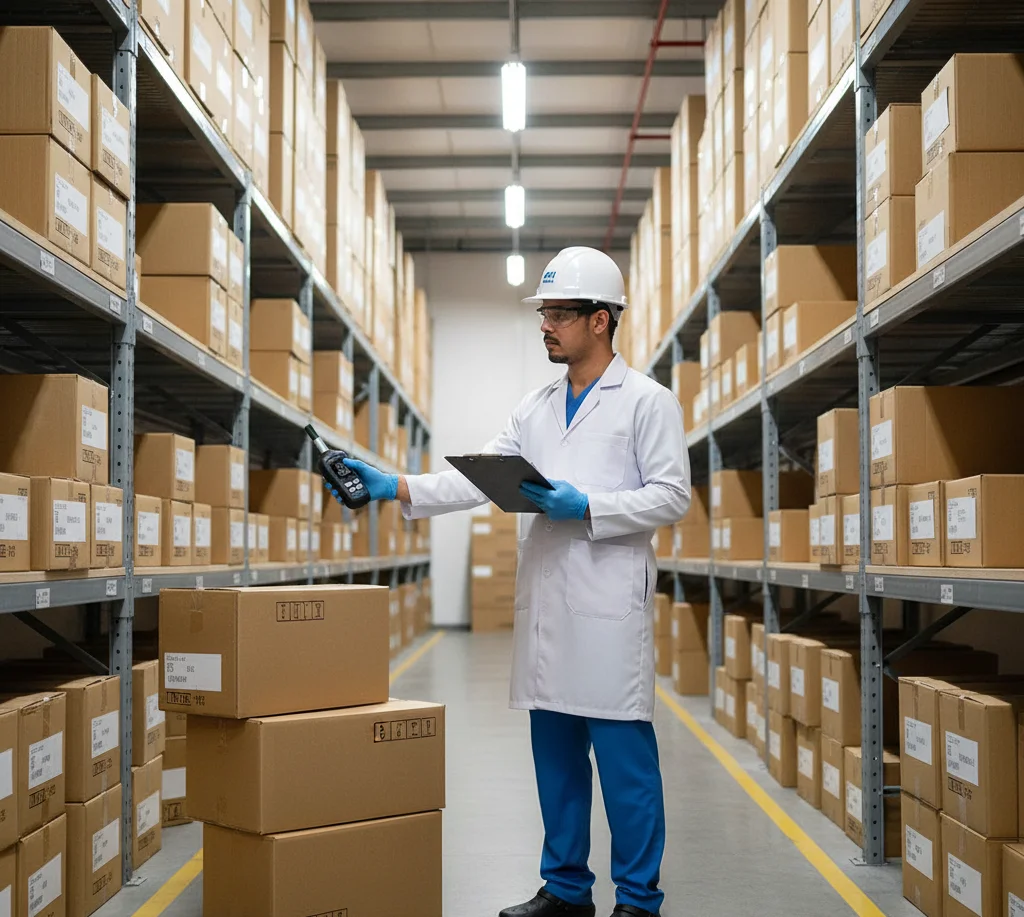 Teknisi QA memeriksa suhu dan kelembapan gudang farmasi menggunakan PCE-444 air humidity meter portabel