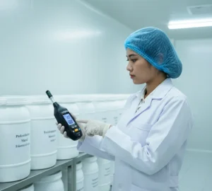 Teknisi QA Indonesia sedang menggunakan Air Humidity Meter PCE-555BT dengan koneksi Bluetooth untuk mengecek kelembapan dan suhu di ruang penyimpanan bahan baku farmasi.