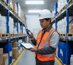 Teknisi QA/QC Indonesia menggunakan Air Humidity Meter PCE-555BTS dengan koneksi Bluetooth untuk mengukur kelembapan dan suhu di gudang bahan baku farmasi.