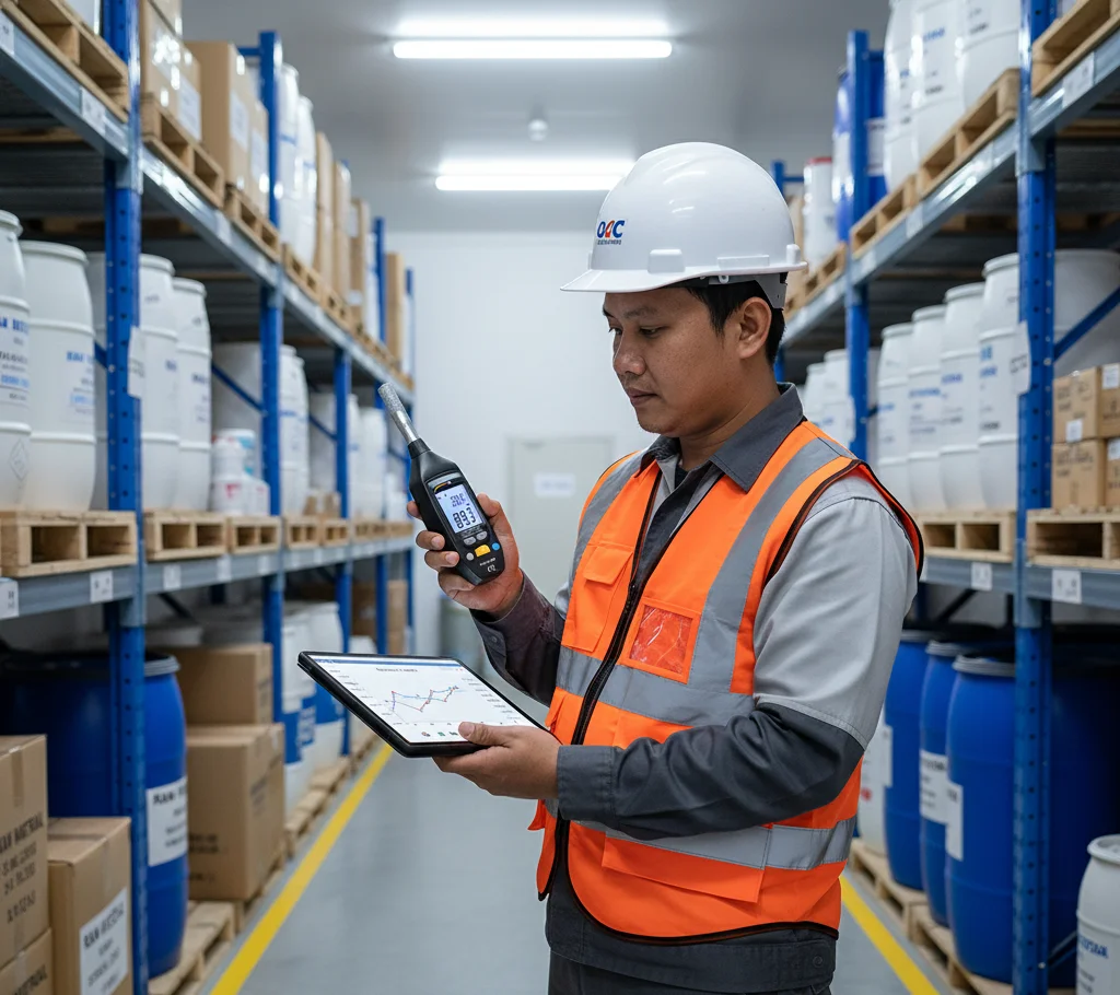 Teknisi QA/QC Indonesia menggunakan Air Humidity Meter PCE-555BTS dengan koneksi Bluetooth untuk mengukur kelembapan dan suhu di gudang bahan baku farmasi.