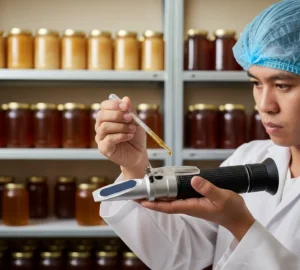 Teknisi Indonesia mengukur kadar air madu menggunakan refraktometer PCE-5890 di ruang produksi, meneteskan sampel ke prisma untuk pembacaan Brix dan kadar air.