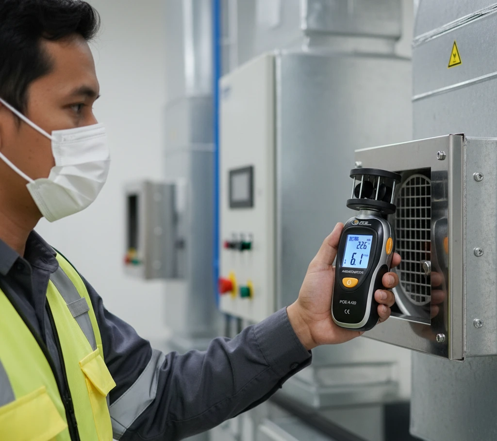 teknisi Indonesia memeriksa kecepatan aliran udara pada exhaust laboratorium menggunakan anemometer PCE-A 430 dengan layar LCD ber-backlight.