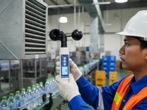 Teknisi Indonesia mengukur kecepatan udara pada diffuser HVAC pabrik minuman menggunakan anemometer cup vane PCE-A420 dengan layar LCD terlihat jelas.