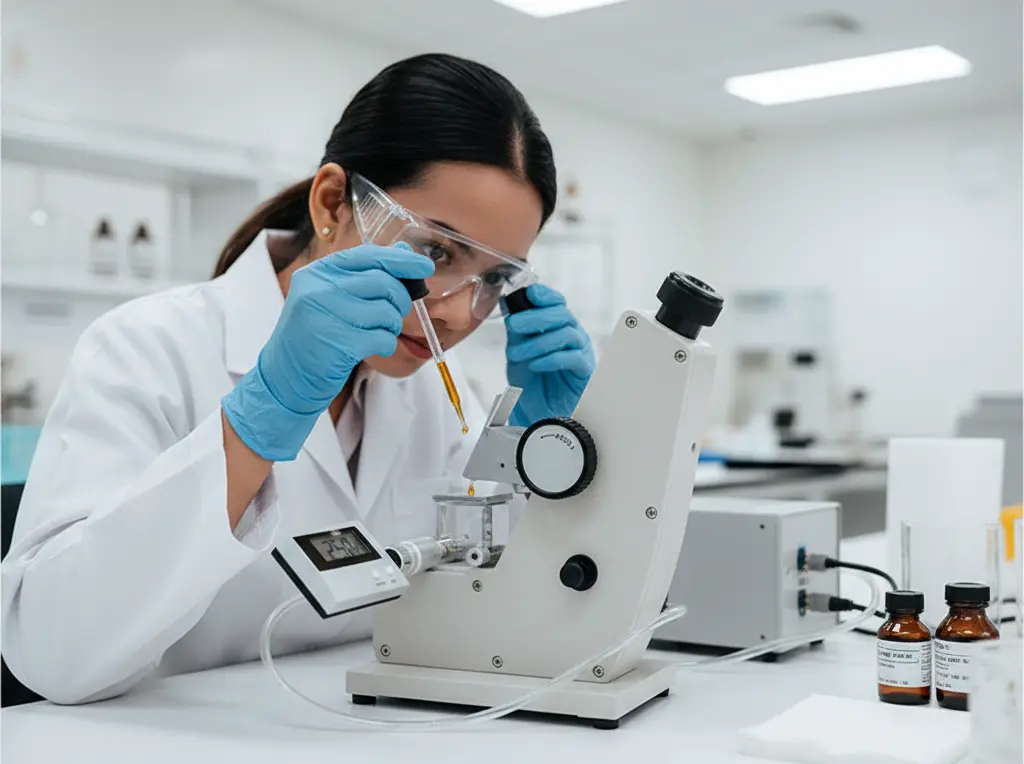 Analis QC Indonesia menggunakan refraktometer Abbe PCE-ABBE-REF2 untuk mengukur %Brix dan indeks bias sari buah dengan kontrol suhu 20 °C di laboratorium.