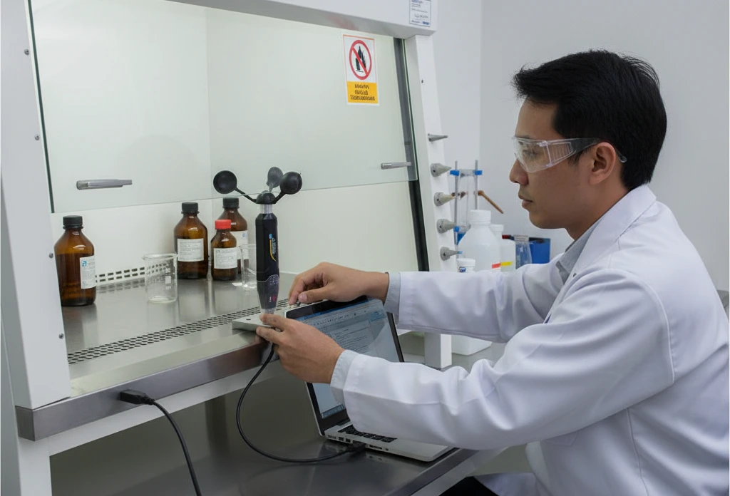 Teknisi laboratorium Indonesia memasang PCE-ADL 11 pada braket di depan fume hood untuk mengukur kecepatan aliran udara dalam satuan m/s, sebagai bagian dari validasi keselamatan.