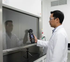 teknisi QA Indonesia mengukur face velocity fume hood menggunakan PCE-AM 40 airflow meter portabel dengan layar 2,8 inci, tripod mini, dan tampilan 0,52 m/s di laboratorium.