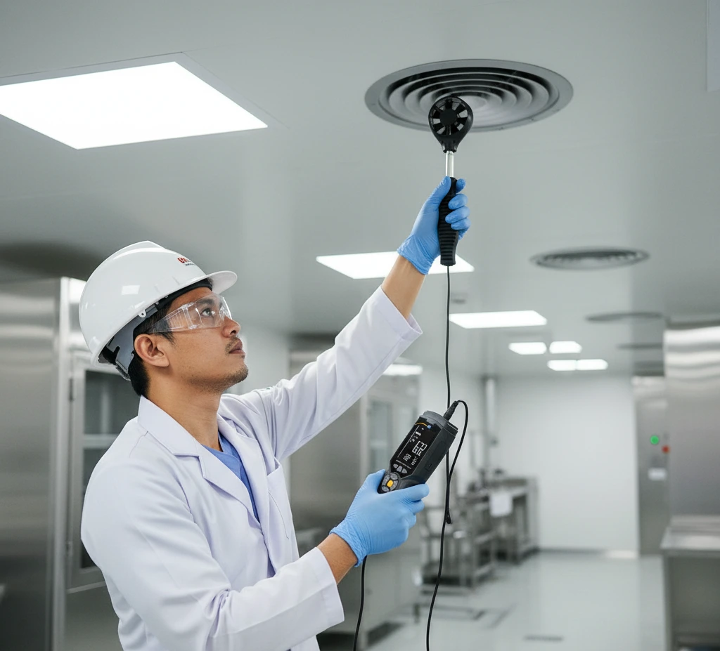 Teknisi QA di pabrik farmasi Indonesia sedang mengukur kecepatan aliran udara di atas area kerja menggunakan PCE-AM 45 Air Flow / Temperature / Humidity Data Logger dengan probe teleskopik terarah ke diffuser plafon di ruang produksi yang bersih dan terang.